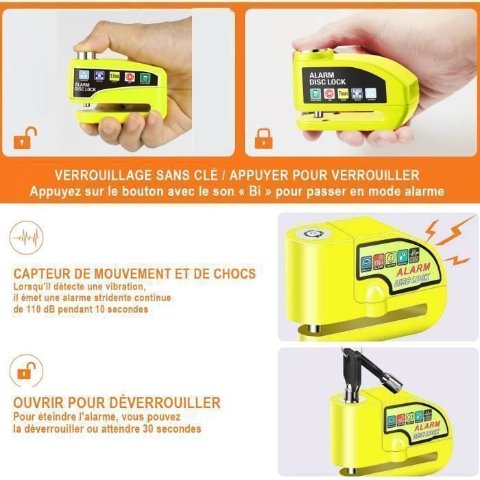 Candado de disco para motocicleta con alarma de 110 dB, reforzado, resistente al agua, cable recordatorio de 1,2 m, 2 llaves de seguridad, universal de 7 mm para motocicletas, scooters y bicicletas.