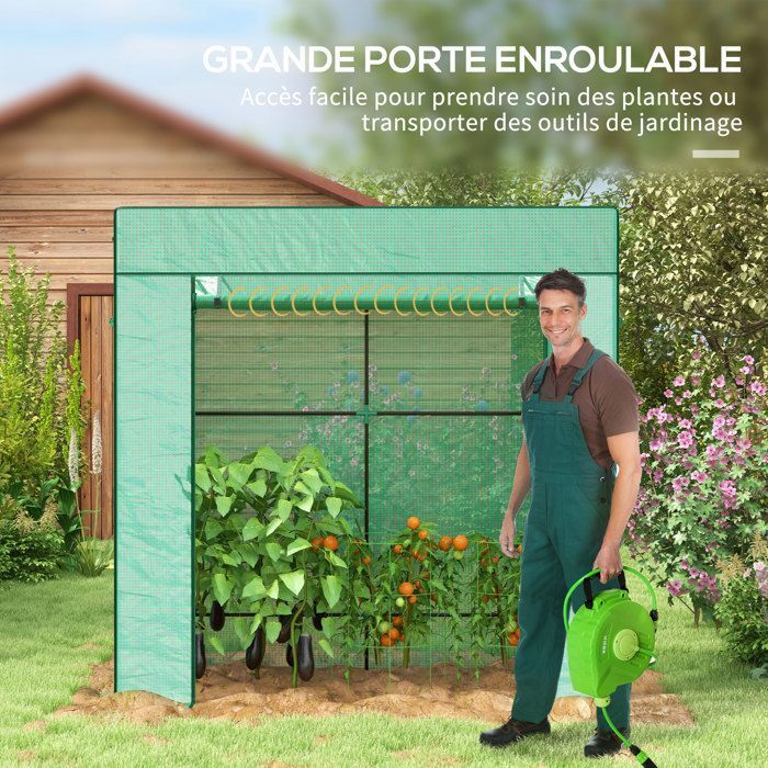 Tuinkas - Outsunny - balkonkas met versterkte hoes van 140 g/m², deur met ritssluiting, 2 ramen - staal - 196x77x197cm - groen