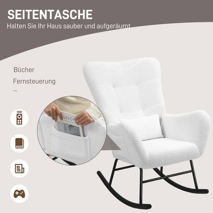 Schommelstoel, voedingsstoel met luxe stoffen bekleding, lendensteun, relaxstoel met zijvak