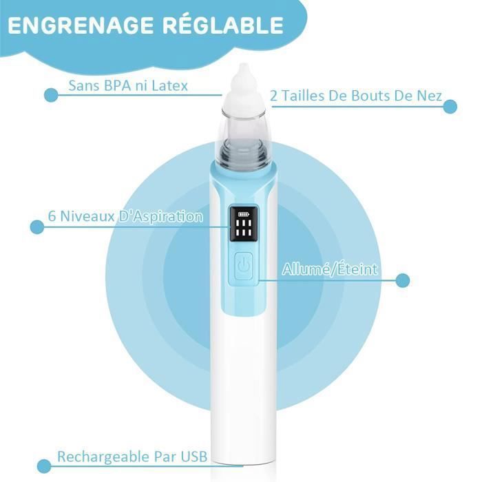 Mouche Bebe Electrique 6 Vitesses Aspirateur Nasale Doux Hygienique Nasal Nez Enfant Nourrissons Silicone Bleu
