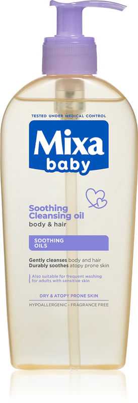 Óleo calmante e de limpeza Mixa Panthenol Comfort para cabelos e couro cabeludo com tendência atópica.