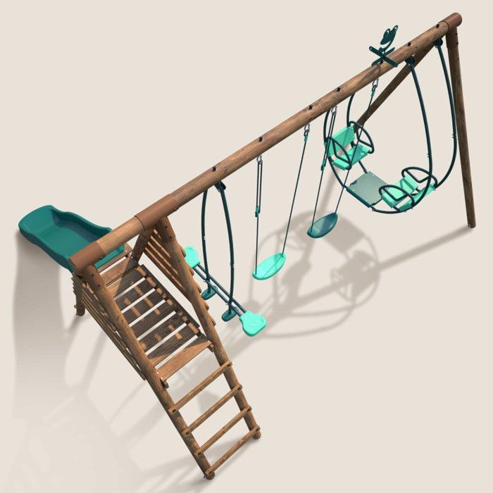 Portique en bois rond 4 agrès avec face à face et toboggan JACINTHE