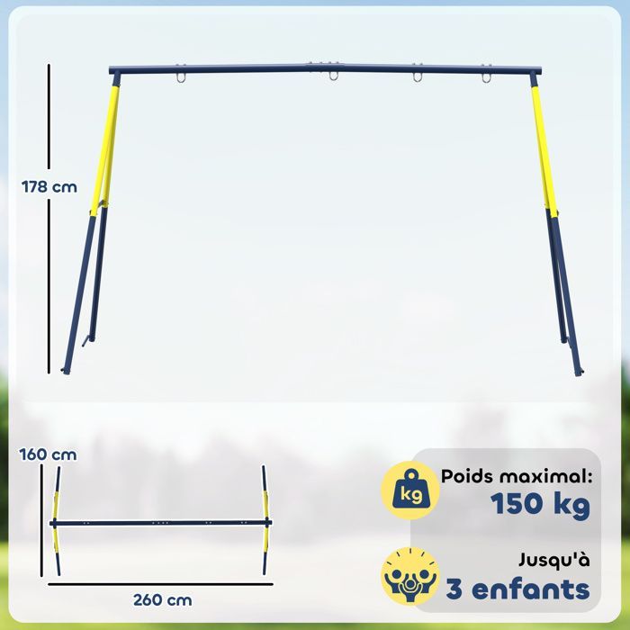 Balançoire portique pour enfant - AIYAPLAY - charge 150 kg - pour siège nid échelle - acier robuste - 260x160x178cm - bleu