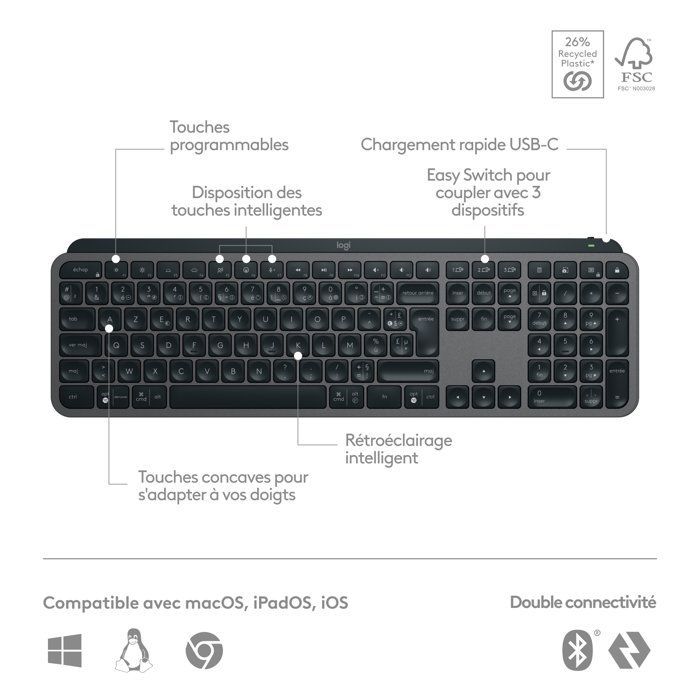 Toetsenbord - Draadloos - Logitech - MX Keys S Plus - AZERTY - Polssteun - Zwart
