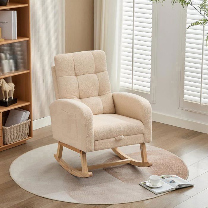 Sedia a dondolo - LEMONBEST - Poggiapiedi estensibile 132×50×99 cm - Velluto Teddy - Legno massello - Beige