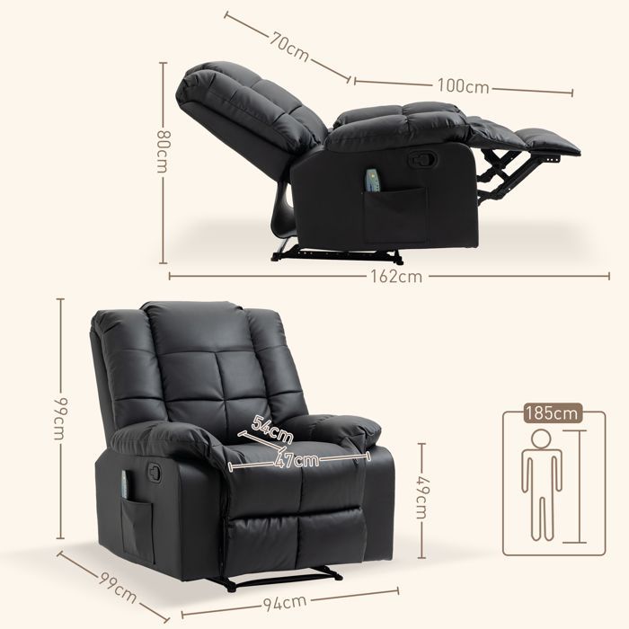 HOMCOM - Sillón reclinable de masaje - Piel sintética - 94x99x99cm - Negro