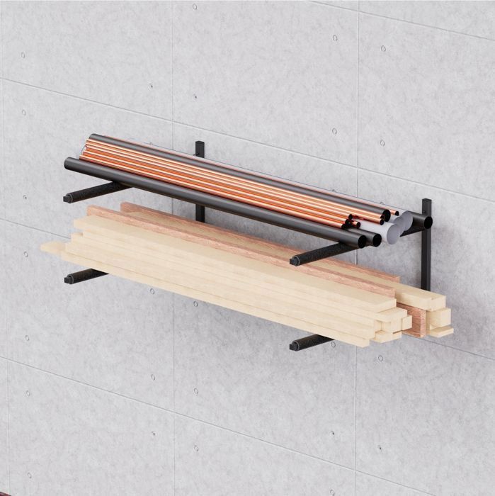 Wall-mounted surfboard and SUP rack with mounting hooks, protective foam, and two-tier steel workshop shelf