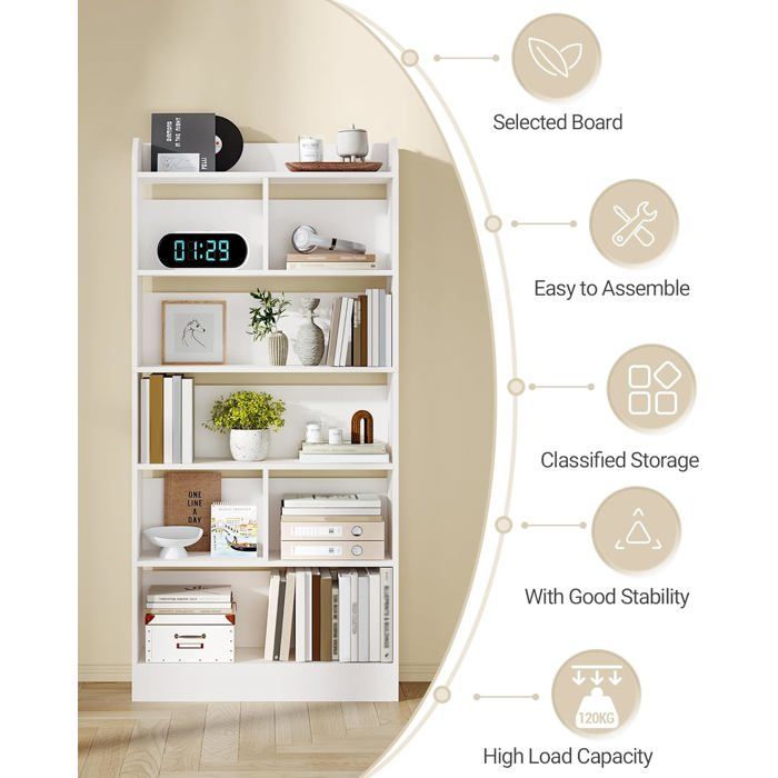 Estantería de 6 niveles, mueble para libros, separador de ambientes, para salón, dormitorio u oficina, 24 x 80 x 170 cm, blanca.
