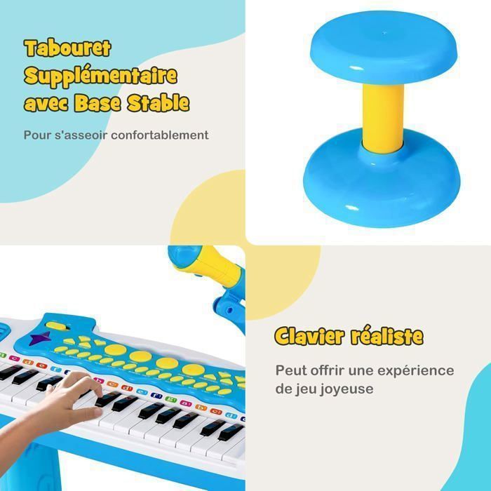 Piano electrónico para niños de 3 años, 31 teclas con taburete, COSTWAY - Micrófono, efectos de luz, 7 ritmos - Parada automática - Azul