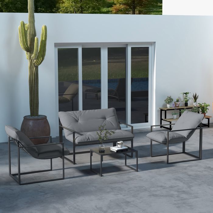 Garden furniture set - Outsunny - 4 pieces - with 2-seater sofa, 2 armchairs and 1 coffee table with 3 cushions - black steel polyester - grey