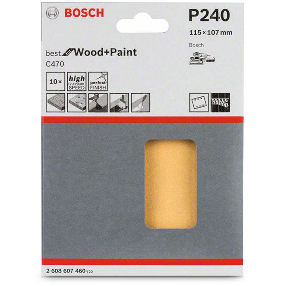 BOSCH Schleifpapier 115 x 107 mm, Körnung 240, 6 Löcher, Klettverschluss, für Holz und Lack – C470, 10 Stück
