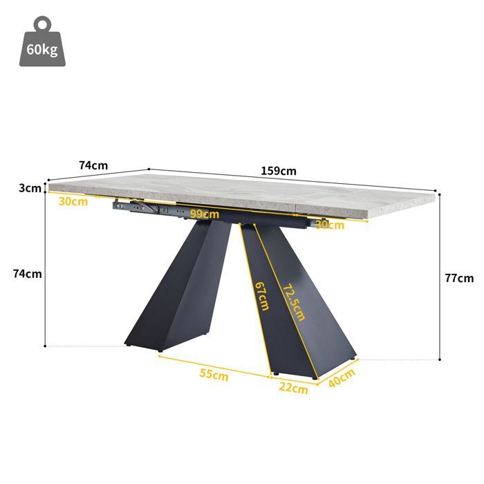 Mesa de comedor extensible, mesa extensible con amplia superficie de trabajo, mesa de cocina para 4 personas, MDF color mármol gris, 99-159×74cm