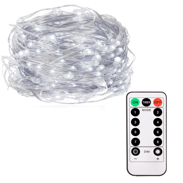 Lampki choinkowe 100 led na baterie z pilotem biały zimny