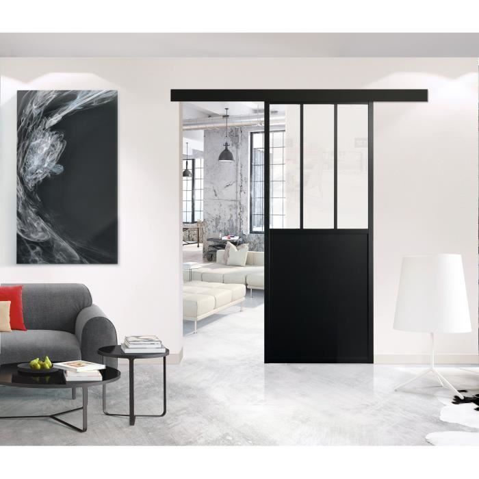 OPTIMUM - Skjutdörrssats + skena + frontpanel - H 204 x B 73 x D 4 cm - Svart med transparent glas