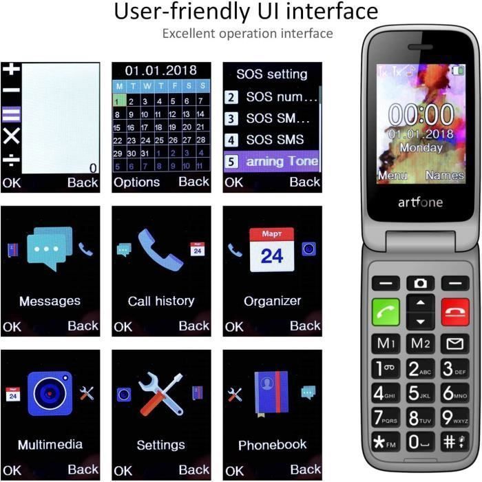 Téléphone Portable Senior ARTFONE à Clapet avec Grandes Touches et Grand Ecran de 2,4 Pouces
