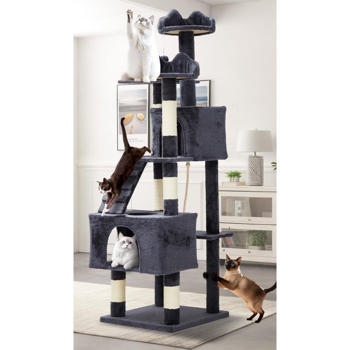 ÁRBOL PARA GATOS - JUGUETES S - 182 H - XL Torre para gatos multinivel - 2 casitas, 3 perchas, gris oscuro