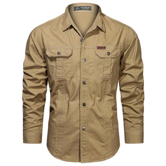 Men's Plus Size Shirt - MOBIGARLAN - XH461 - Long Sleeves - Functional Pockets - Khaki