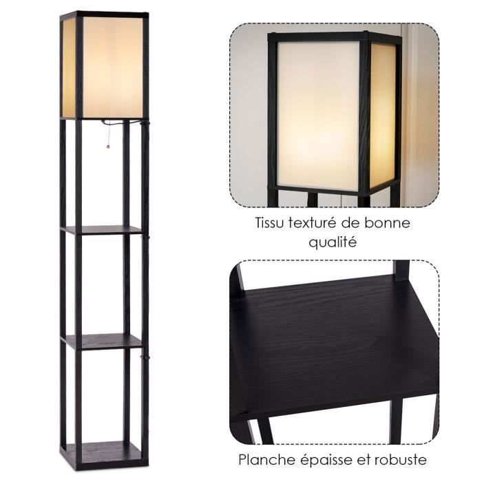 COSTWAY Lampadaire Salon avec 3 Etagères de Stockage en Bois 26 x 26 x 160 cm Lampe sur Pied Design Scandinave pour Chambre 60W