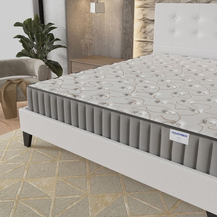 Colchón y cama (140x190cm) - Orionis 22cm de espuma viscoelástica y espuma de alta densidad + base de láminas estable y cabecero tapizado en blanco