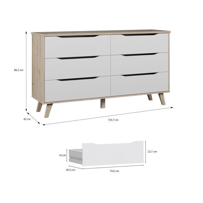 VANKKA 6-drawer chest - Oak and white finish - Scandinavian style - W 154 x D 42 x H 86 cm