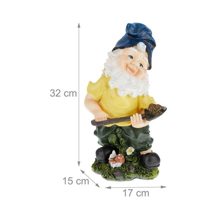 Relaxdays Nain de jardin avec pelle, résiste aux intempéries, HxLxP : 32x17x15 cm, figurine, lutin déco, multicolore
