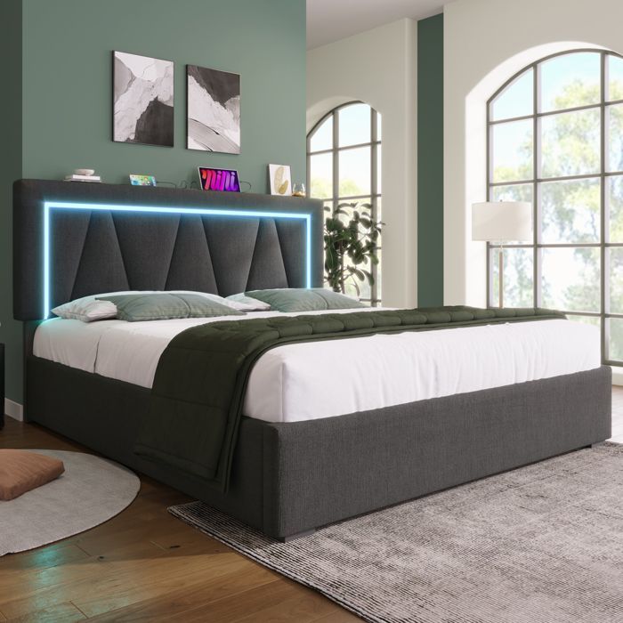 LINKHOO lit  rembourré Lit double LED avec USB Type-C, cadre de lit en lin, 160x200 avec sommier à lattes (sans matelas), gris