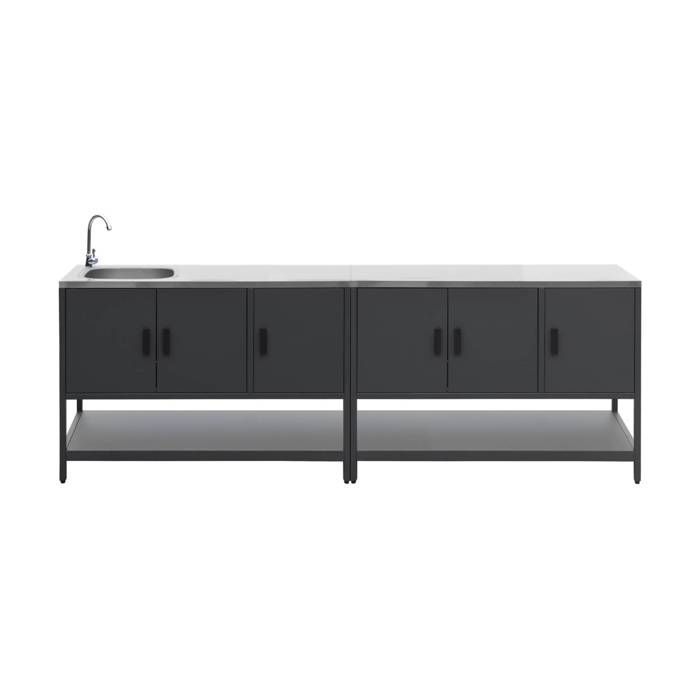 Cocina exterior con 2 módulos en acero inoxidable negro.