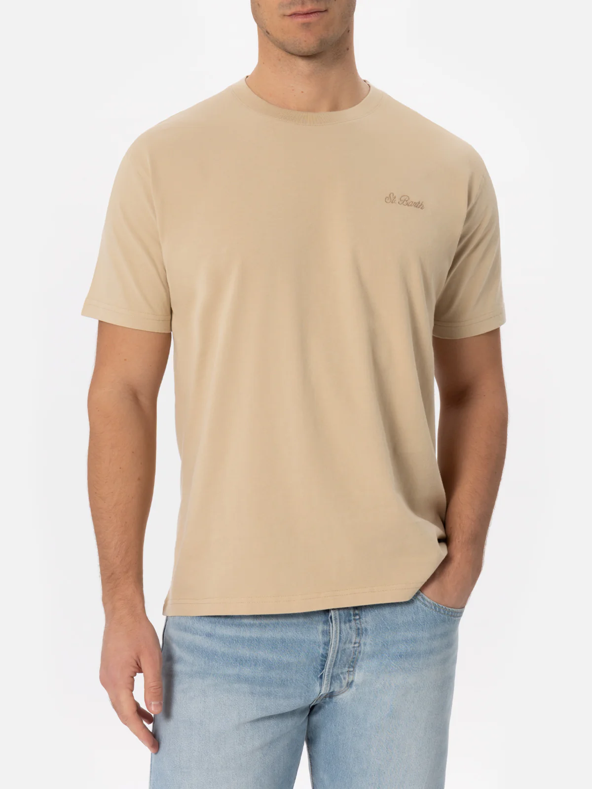 T-shirt Arnott pour homme, beige, en coton épais, avec broderie Saint-Barth