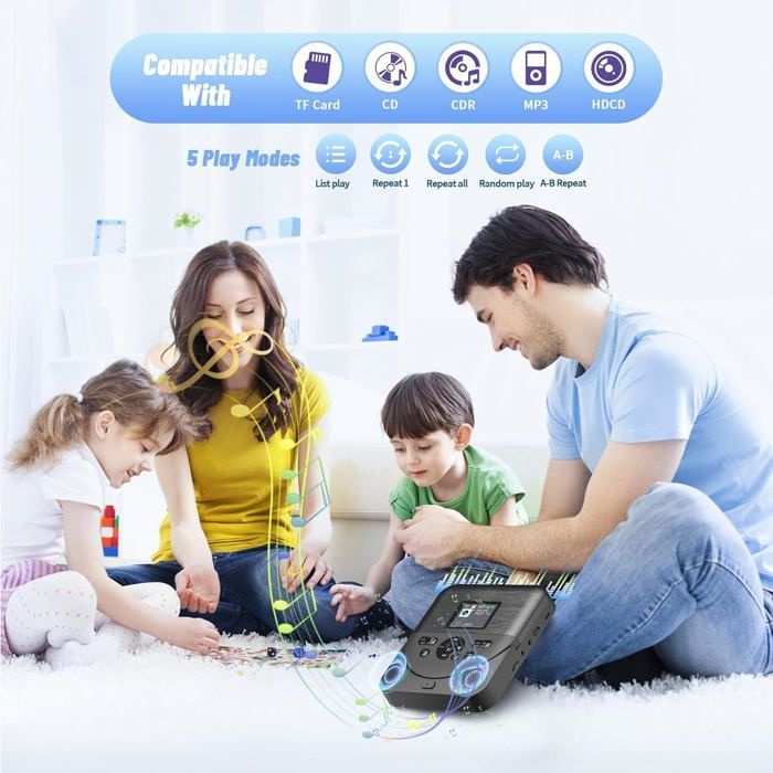 Lecteur CD Portable, Lecteur CD Bluetooth avec Haut-parleurs/écouteurs/écran, Rechargeable Player Voiture avec émetteur FMx, Noir
