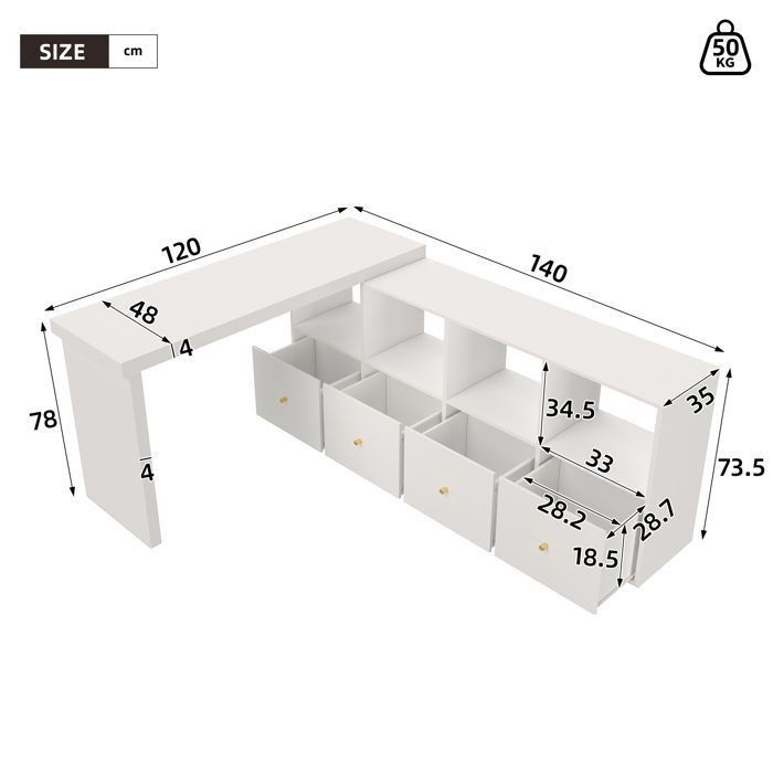 MERAX Bureau d’Angle Pivotant 360° avec Rangement, Bureau Modulable Blanc avec 4 Tiroirs et 4 Étagères