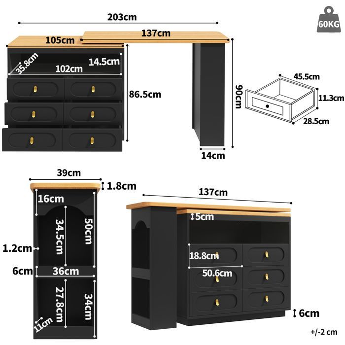 Buffet de Cuisine industriel Extensible,Armoire de Cuisine Pivotante à 360°,6 Tiroirs 137-203x39x90cm,Buffet Salon Rangement，Noir