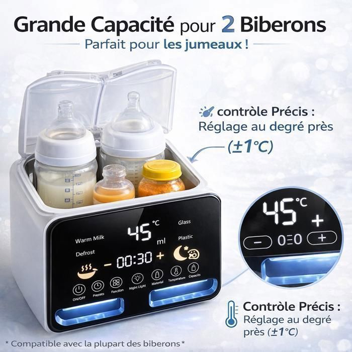 Scaldabiberon doppio 10 in 1, sterilizzatore e scaldalatte, temperatura costante per 48 ore, display a LED, spegnimento automatico.
