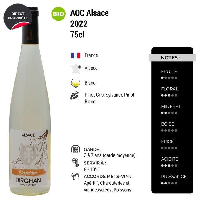 Birghan Alsace Edelzwicker 2022 – Elsässer Weißwein (6 x 75 cl) BIO
