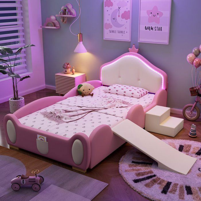 Letto per bambini - MERAX - Corona a cartoni animati - 90x200 cm - Striscia LED multimodale - Scivolo e scaletta
