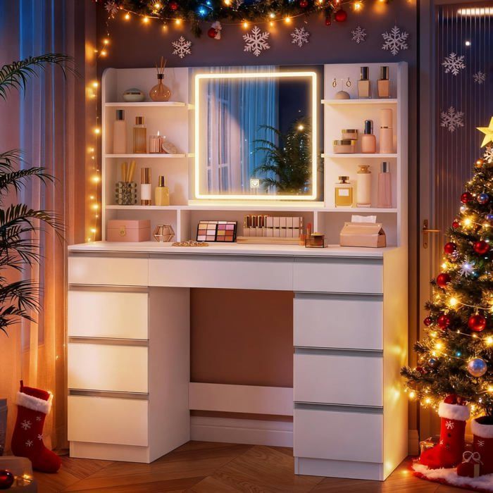 Grande Coiffeuse avec Éclairage LED, 3 Couleurs, Luminosité Réglable, Miroir, 9 Tiroirs, 9 Étagères Ouvertes, Blanc-Argent