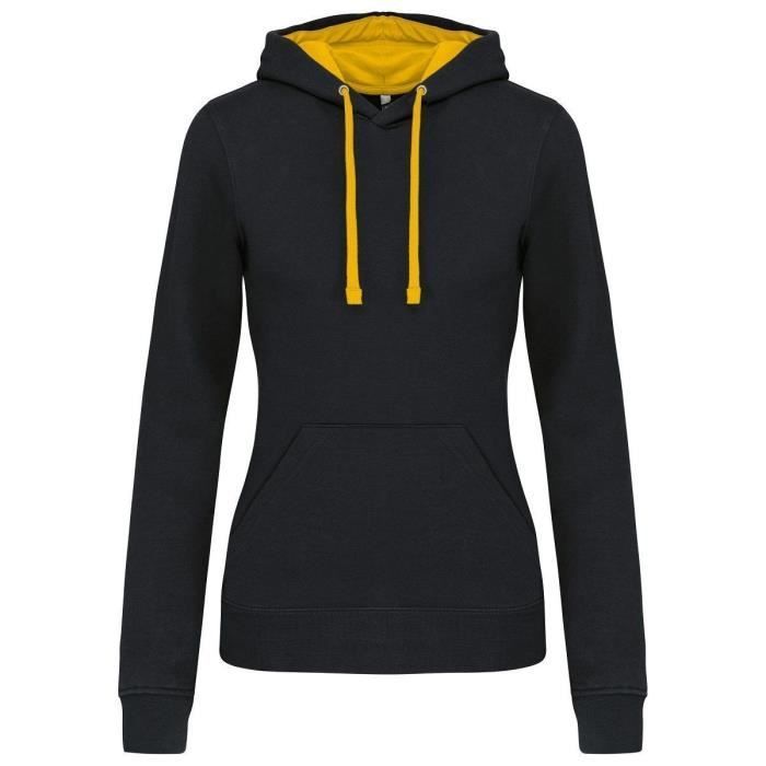 Moletom com capuz contrastante - KARIBAN - Feminino - Preto - Fleece escovado - Entrada para cabo de fone de ouvido