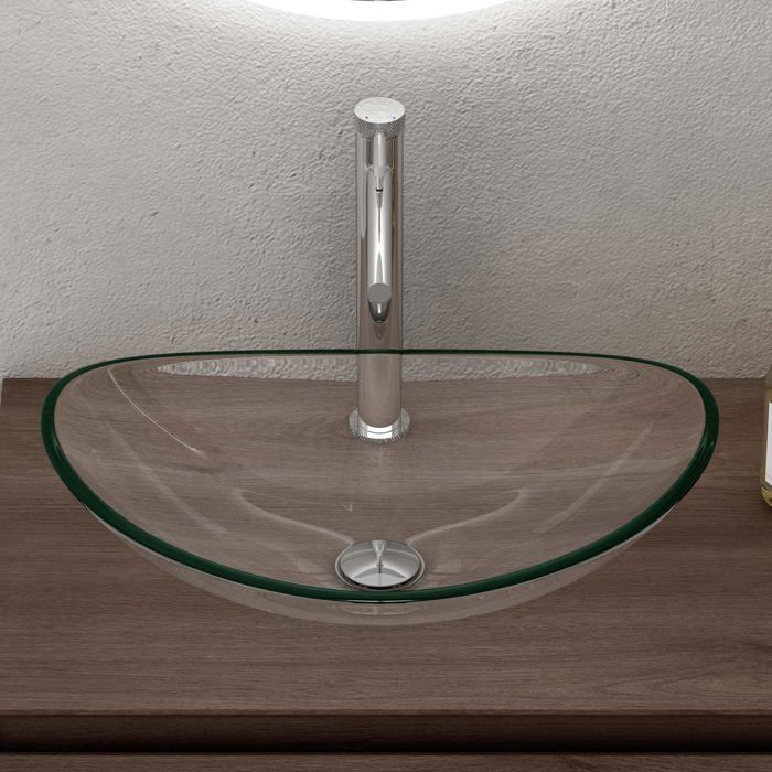 Lavabo de encimera doporro, lavabo de cristal transparente, lavabo ovalado para baño, lavabo para inodoro, 53,5 x 35,5 x 16 cm, Minerva08