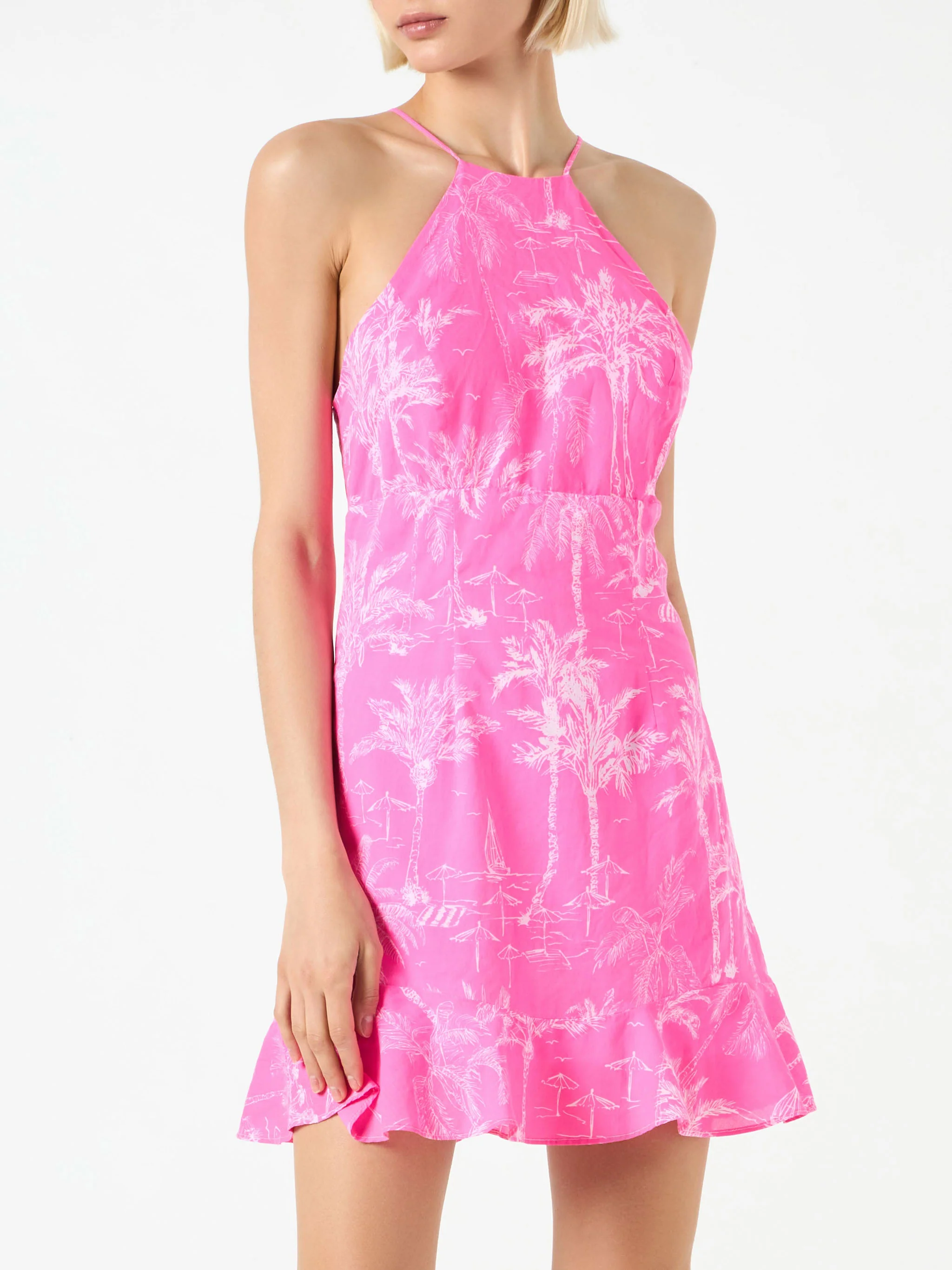 Vestido lencero rosa fluorescente con estampado toile de jouy
