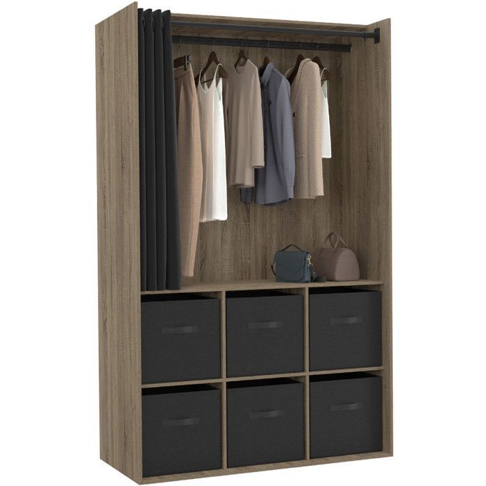 Guarda-roupa IDMARKET DIANE 104 x 50 x 172 cm em faia com 6 caixas de arrumação + cortina preta