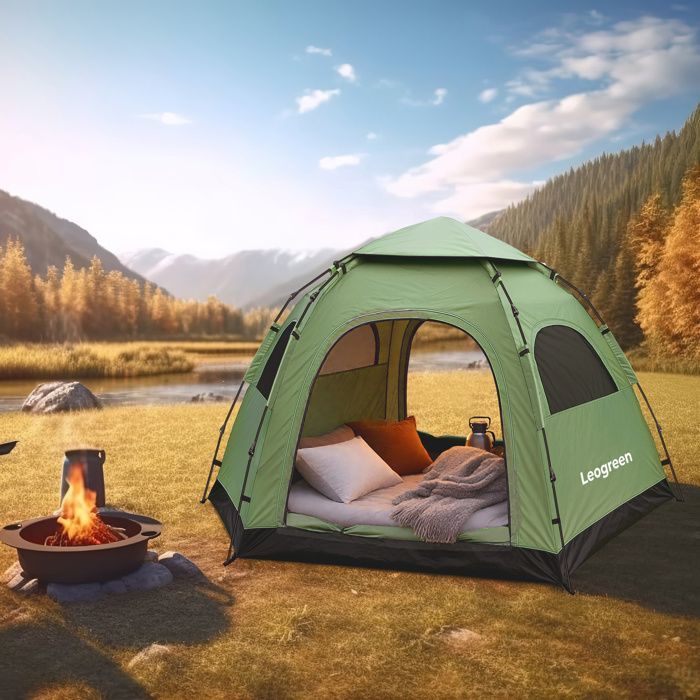 Tente de Camping, Tente Pop up 3-4 Personnes, Taille Extra-Grande l'hexagone, Imperméable, Coupe-Vent, Protection UV