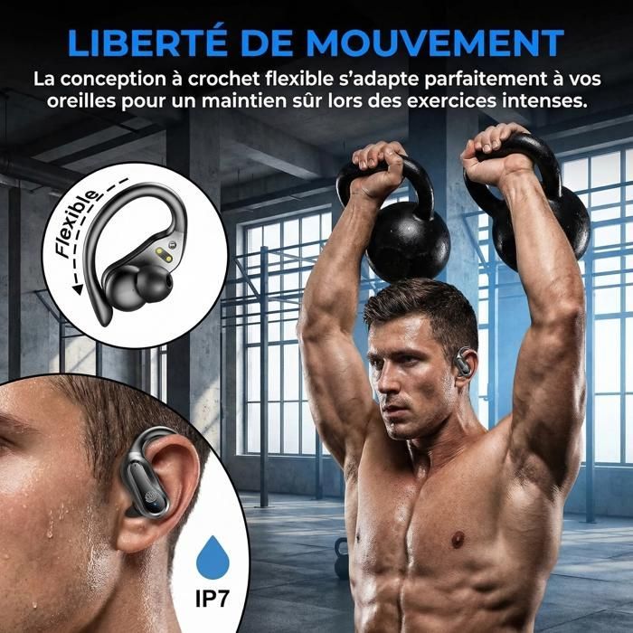 Écouteurs Sans Fil - FINGERTIME - Son Hi-Fi Stéréo, Étanche IPX7, Autonomie 42H, Confortable, Léger, Noir