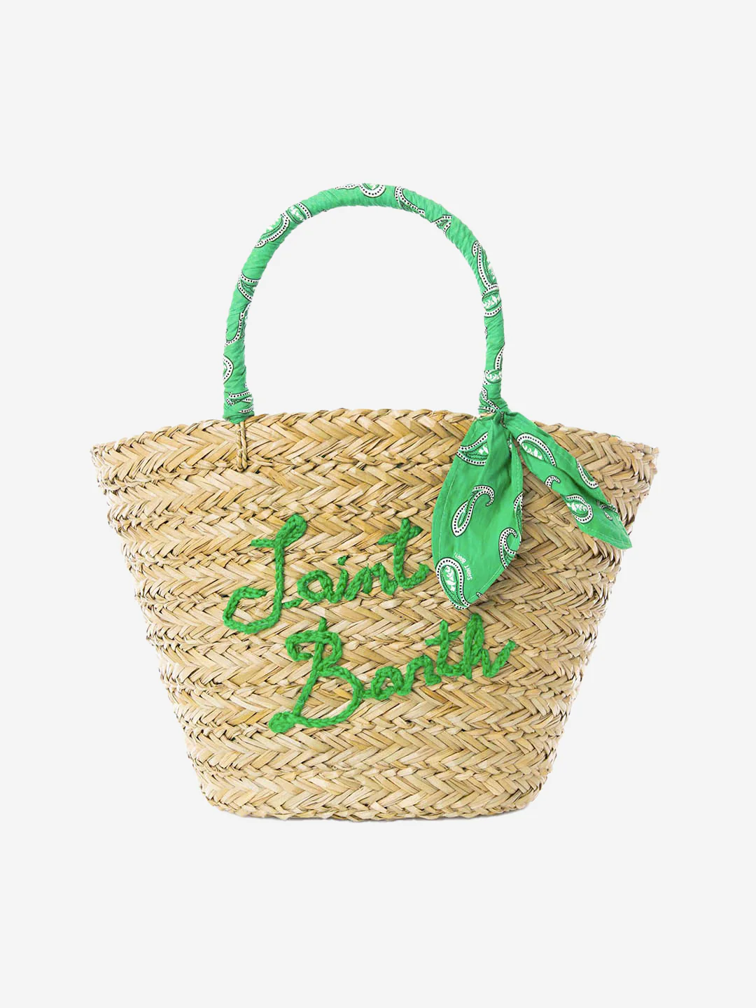 Damestas van stro | Handvatten met groene paisleyprint | Geborduurd Saint Barth-logo | Stijlvol en ruim | 50 cm x 30 cm x 18 cm | MC2 Saint Barth