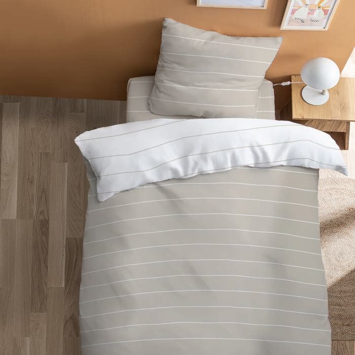 Parure de lit imprimée 100% coton - MATT & ROSE - GREIGE STRIPES - Rayures Gris beige - 140x200 + 1 taie 65x65cm