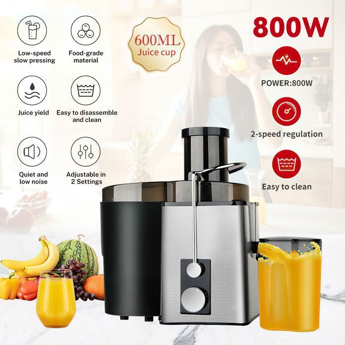 Extracteur de jus 800W - Centrifugeuse de fruits à 2 vitesses - machine à fruits- bouche 70mm, jarre à jus de 600 ml - Noir