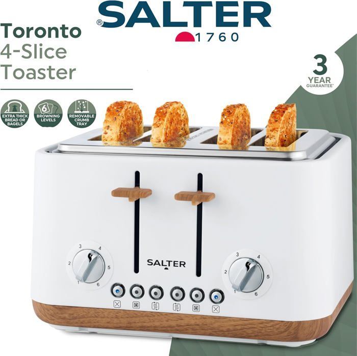 Toronto Grille-Pain 4 Tranches – Fentes Larges, 6 Niveaux De Brunissement, Ramasse-Miettes Amovible, Fonction Décongeler/Réch