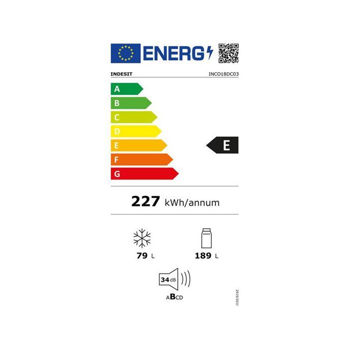 Réfrigérateur combiné intégrable, Niche 178 cm, 268 L (189L + 79L),  Cl INDESIT - INCO18DC03