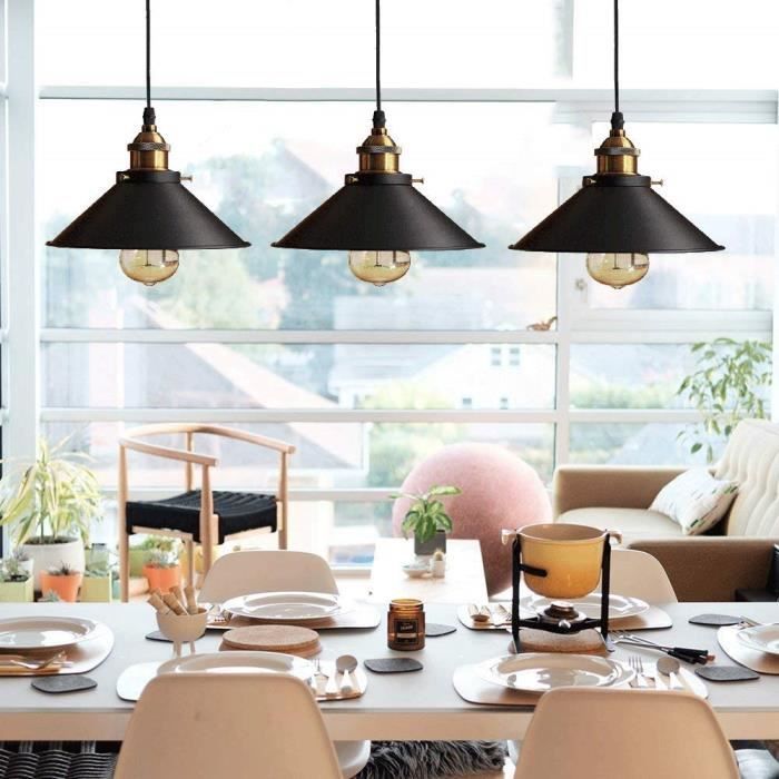 Rétro 3 Luminaires Suspensions Noir Industrielle E27-Ø22 cm Métal Lustre Abat-jour plafonnier Intérieur Eclairage Decoratif