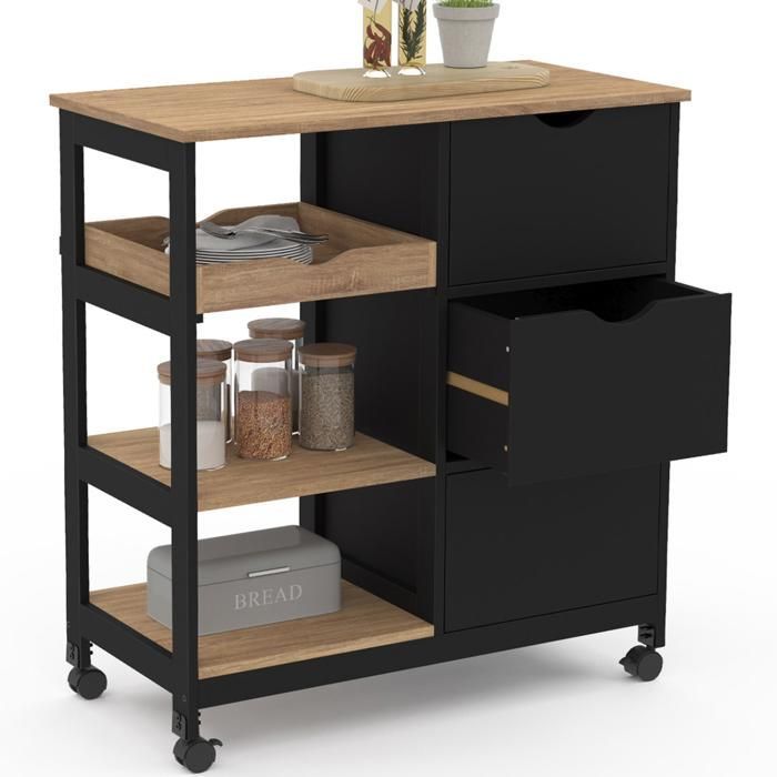 IDMARKET Desserte de cuisine MUNA 3 paniers + 1 plateau amovible noir et effet hêtre L.76 cm