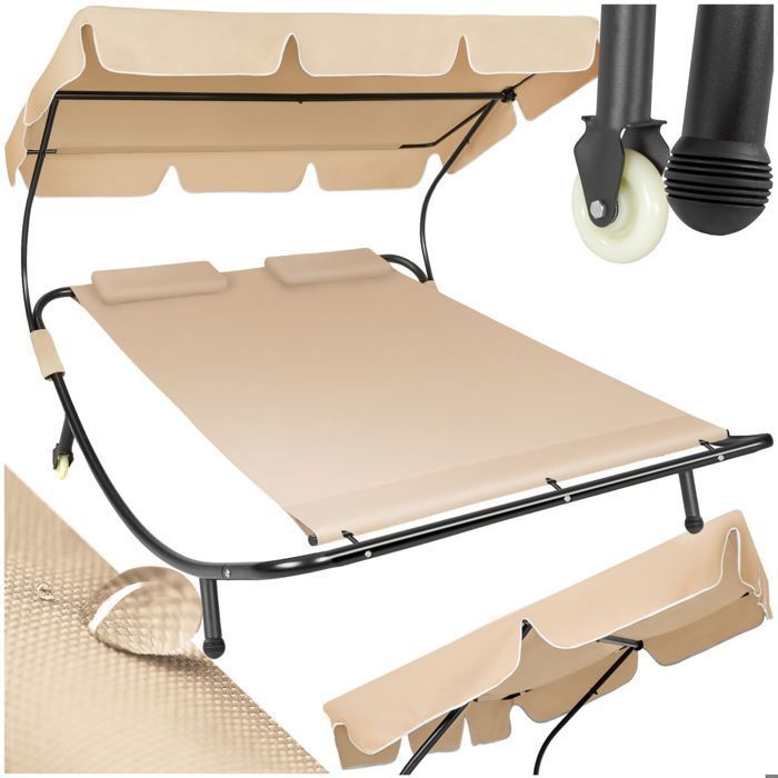 Tumbona - TECTAKE - LIVORNO Tumbona doble de acero para 2 personas con toldo ajustable 185 x 195 x 142-175 cm - Negro/Beige