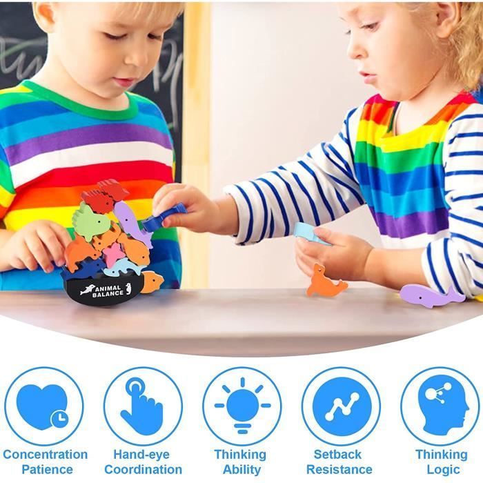 Jeu de construction en bois - Blocs d'empilage de l'équilibre - Animaux Montessori